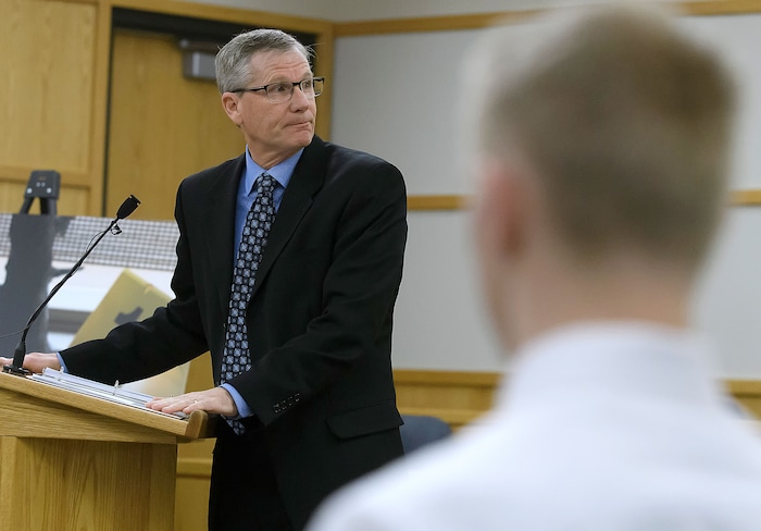 (Eli Lucero  |  Pool Photo)  Prosecuting attorney James Swink looks back at the Turner family while speaking at Jayzon Decker's sentencing hearing for attempted aggravated murder and obstructing justice, Wednesday, Feb. 7, 2018, in Logan, Utah. Decker received a sentence of 15 years to life for planning and being present at the shooting of Deserae Turner in February 2017, and leaving her for dead in a dry irrigation canal in Smithfield, Utah.