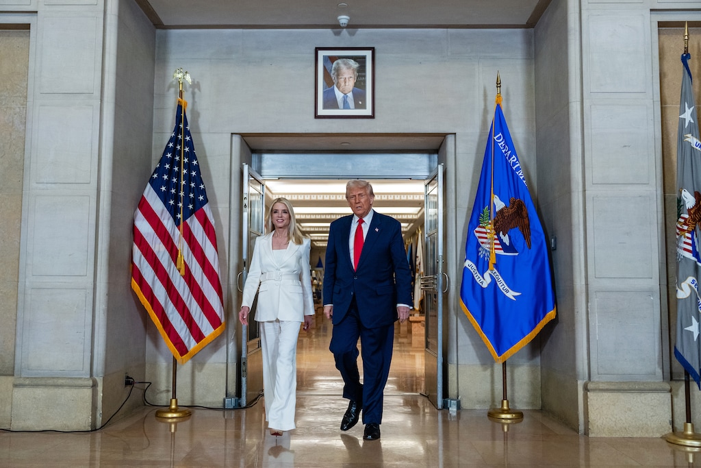 (Eric Lee | The New York Times) President Donald Trump and Attorney General Pam Bondi arrive for an event at the Department of Justice in Washington, on March 14, 2025. Trump fired Bondi on Thursday, April 2, 2026,  removing the nation's top law enforcement officer as his frustration with her job performance deepened, according to a person familiar with the decision.