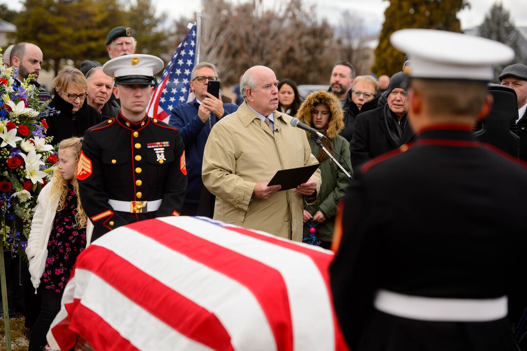 (Trent Nelson  |  The Salt Lake Tribune)
Tom Hatch gives a life sketch of his uncle, Marine Pfc. Robert J. Hatch, at the Bountiful City Cemetery on Saturday, Dec. 14, 2019. Hatch was killed in action Nov. 22, 1943 on the island of Betio.