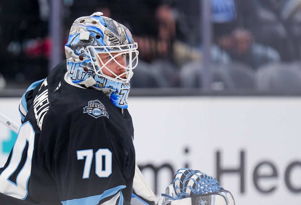 (Chris Samuels | The Salt Lake Tribune) Utah Hockey Club goalkeeper Karel Vejmelka watches play versus the Seattle Kraken at the Delta Center in Salt Lake City, Tuesday, April 8, 2025.