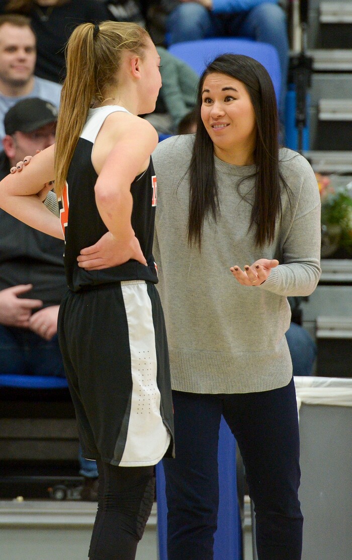 (Leah Hogsten  |  The Salt Lake Tribune) Timpview's head coach Aimee Dorais tries to rally Madelyn Boulton (02) during the final moments of the game.  East defeated Timpview 68-48 to win the the 5A High School Girls' Basketball Tournament title at SLCC in Taylorsville, Saturday, Feb. 24, 2018. 