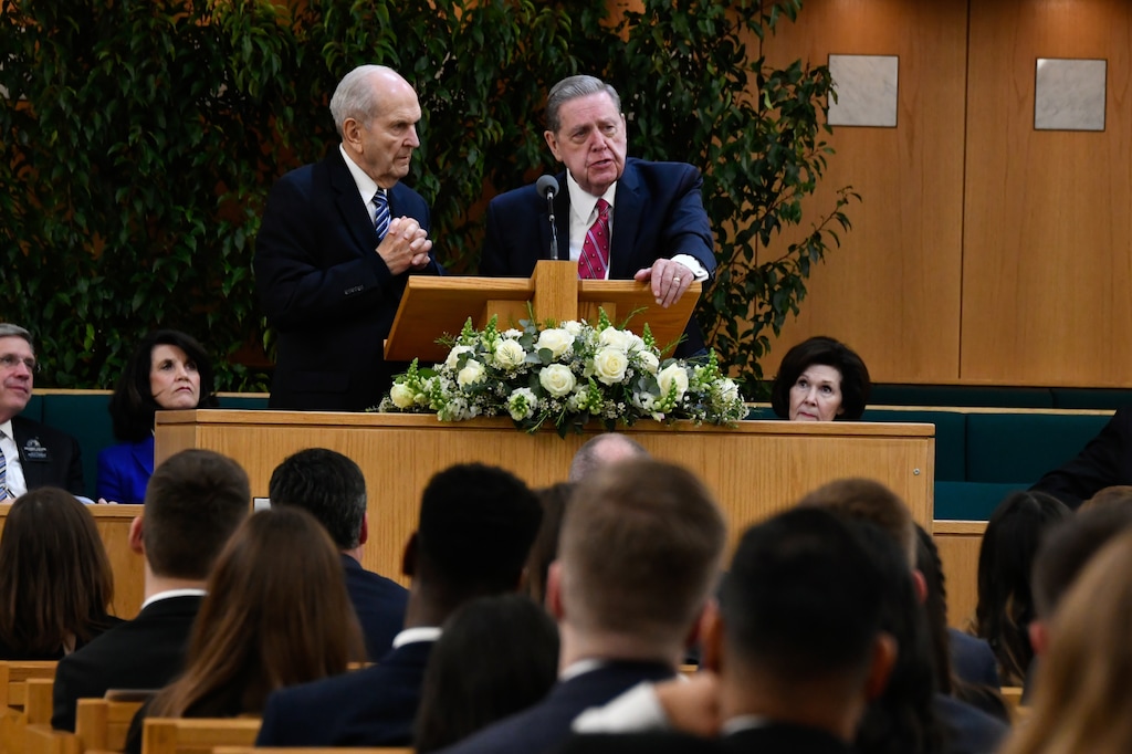 (Courtesy LDS Church)  LDS Church President Russell M. Nelson and Apostle Jeffrey R. Holland speak at a devotional Thursday night in London's Hyde Park Chapel.