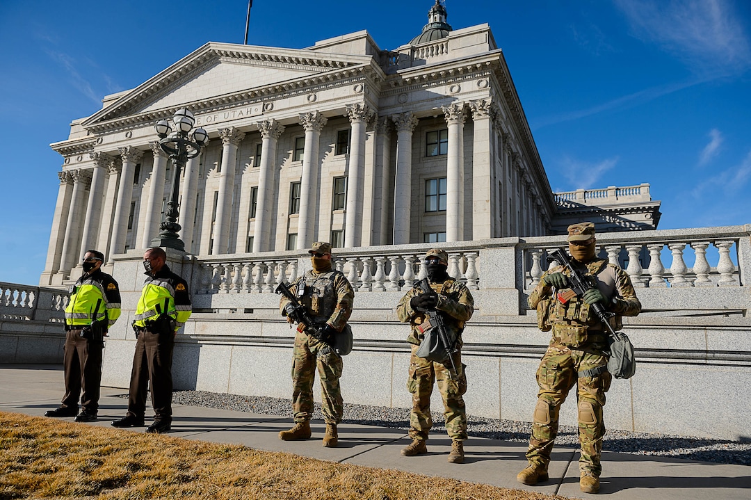 (Trent Nelson  |  The Salt Lake Tribune) Highway Patrol and National Guard at the state Capitol in Salt Lake City on Sunday, Jan. 17, 2021.