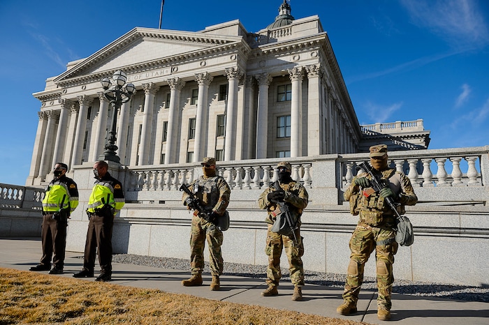 (Trent Nelson | The Salt Lake Tribune) Highway Patrol and National Guard at the state Capitol in Salt Lake City on Sunday, Jan. 17, 2021.
