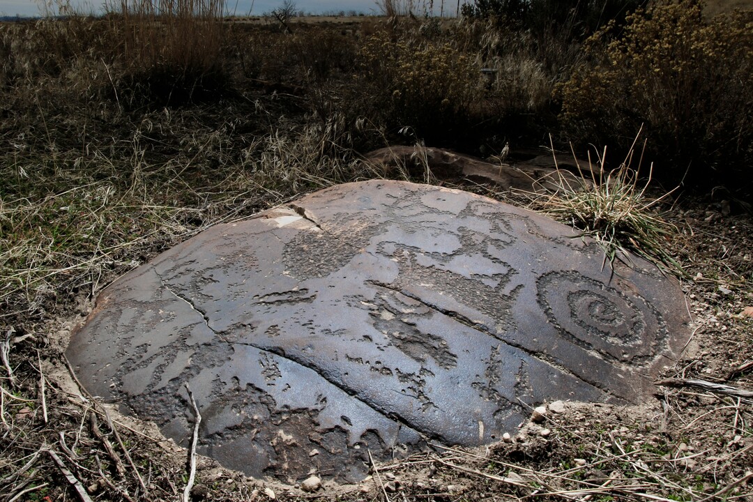 An example of rock art sits in a field in the Lake Mountains area of Utah on Thursday, Feb. 8, 2018. (Evan Cobb/The Daily Herald via AP)
