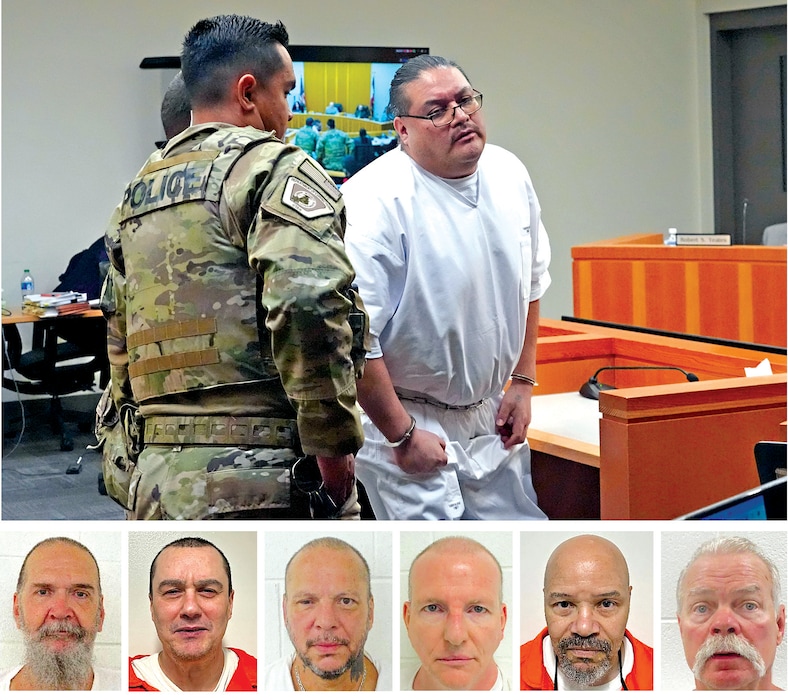 (Rick Bowmer | The Associated Press; Utah Department of Corrections) Death row inmate Taberon Honie, top, stands as he leaves the Utah Board of Pardons commutation hearing in July. Six inmates also on death row are, from left, Ralph Leroy Menzies, Troy Michael Kell, Michael Anthony Archuleta, Von Lester Taylor, Douglas Stewart Carter and Douglas Lovell.