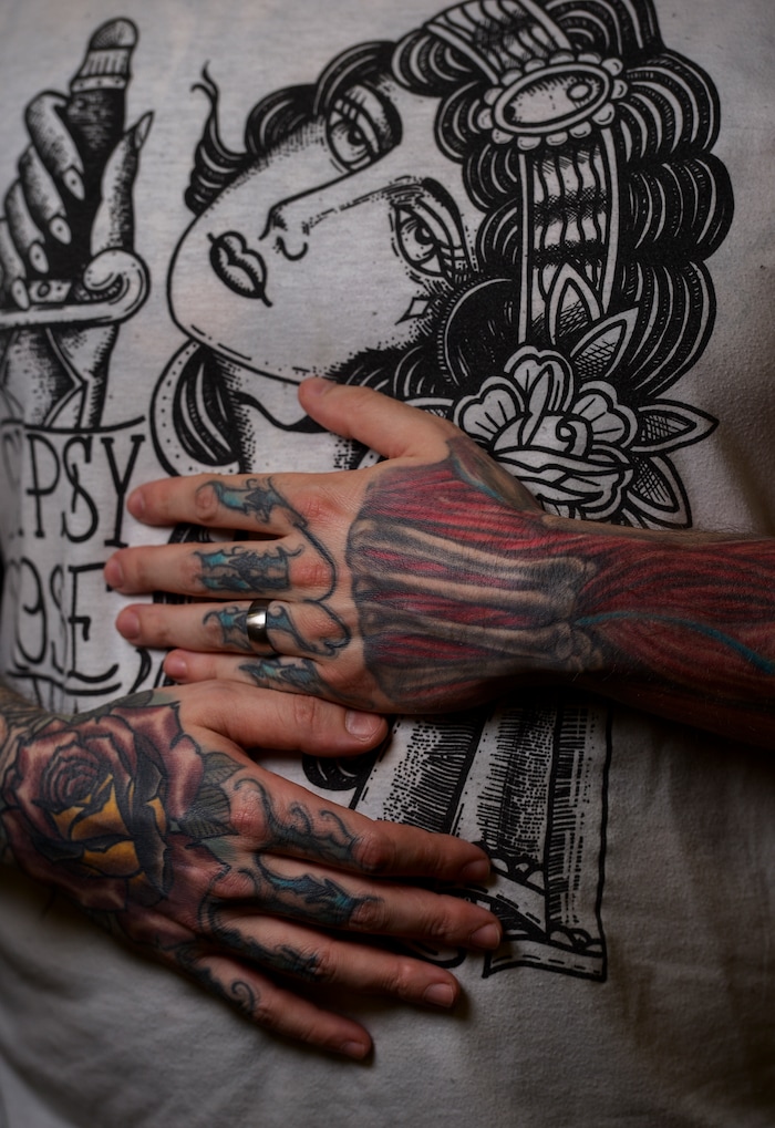 (Leah Hogsten | The Salt Lake Tribune) David Hoffman of Salt Lake City shows off the veins, tendons and bones tattoo at the Salt Lake City International Tattoo Convention Saturday, March 17, 2018.