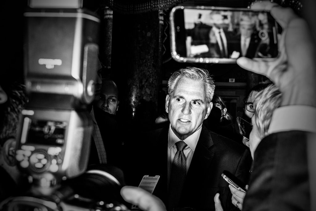 (Mark Peterson | The New York Times)

Rep. Kevin McCarthy, R-Calif.,  speaks to reporters as he remains at the Capitol in Washington, late into the evening of Jan. 3, 2023.