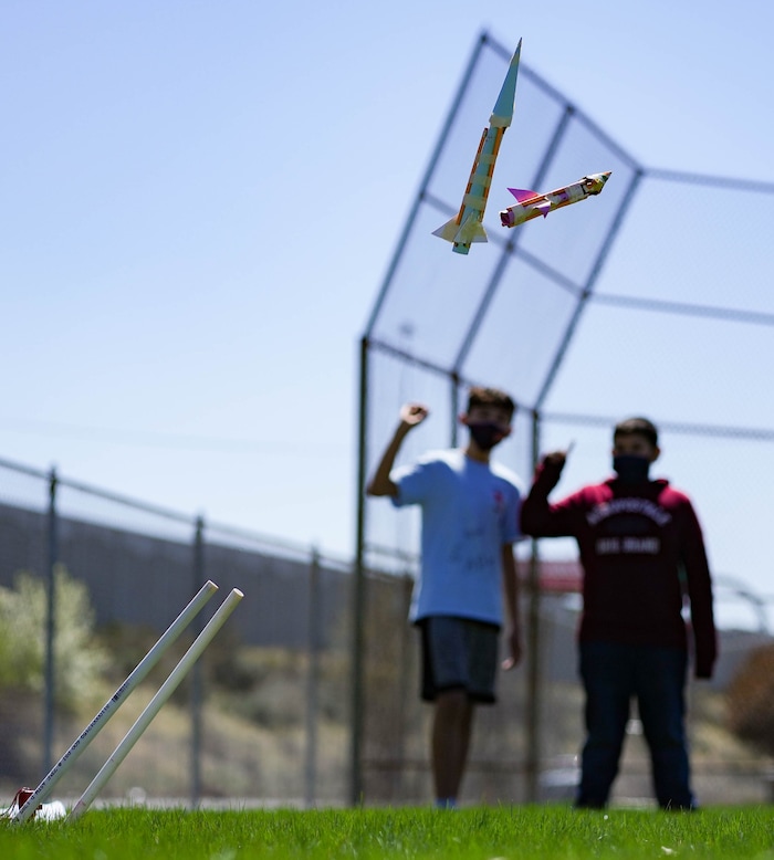 (Francisco Kjolseth | The Salt Lake Tribune) Mary W. Jackson Elementary students commemorate their school’s namesake’s 100th birthday on Friday, April 9, 2021, with a special science lesson, including the mechanics of rocket building as they launched their creations into the air. Salt Lake City’s oldest elementary school was renamed in 2018 in honor of the the first African American female engineer at NASA, with students recently voting to change their mascot to “The Rockets.”