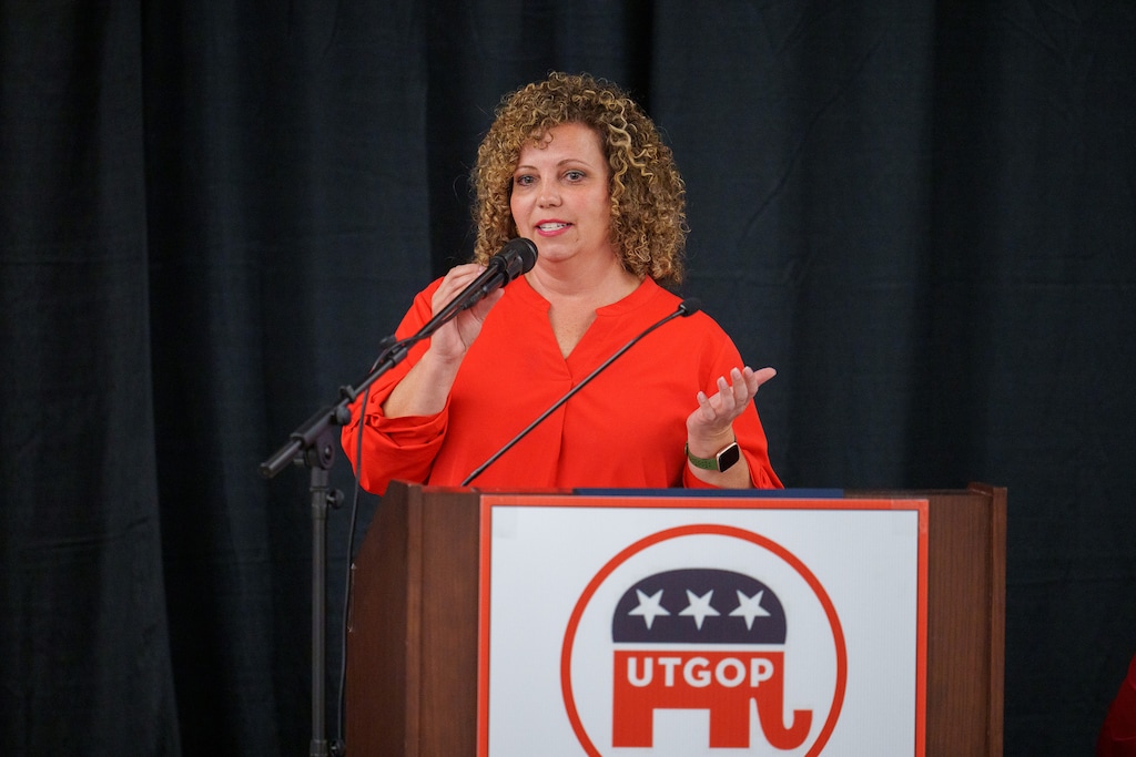 (Trent Nelson  |  The Salt Lake Tribune) Celeste Maloy as the Utah Republican Party holds its quarterly State Central Committee meeting in Sandy on Saturday, Aug. 19, 2023.