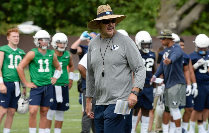 (Francisco Kjolseth  |  The Salt Lake Tribune)  BYU opens preseason training camp on their practice field as the team runs through drills on Thursday, Aug. 2, 2018.