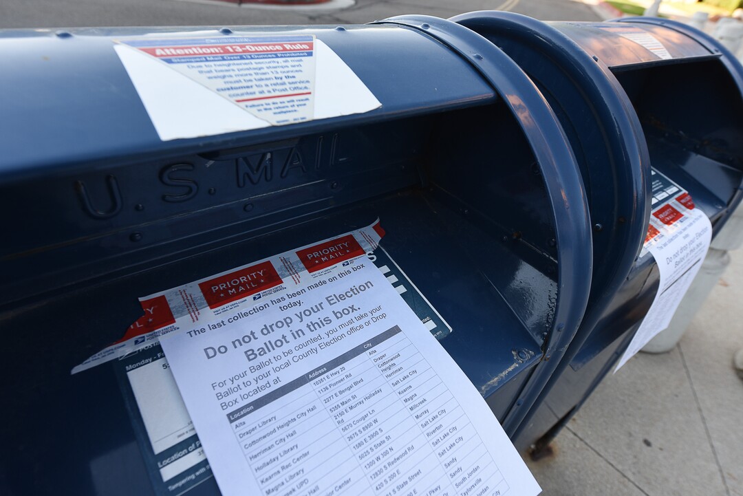 (Francisco Kjolseth  |  The Salt Lake Tribune)  Mail boxes are clearly marked to not be used for election mail in ballots at the Salt Lake County complex for primary election day on Tuesday, June 26, 2018.