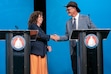 (Jud Burkett | Special to The Tribune) Republican Rep. Celeste Maloy, left, and Democratic challenger Kent Udell shake hands at the conclusion of their 3rd Congressional District debate at Utah Tech University in St. George, Friday, Oct. 2, 2026.