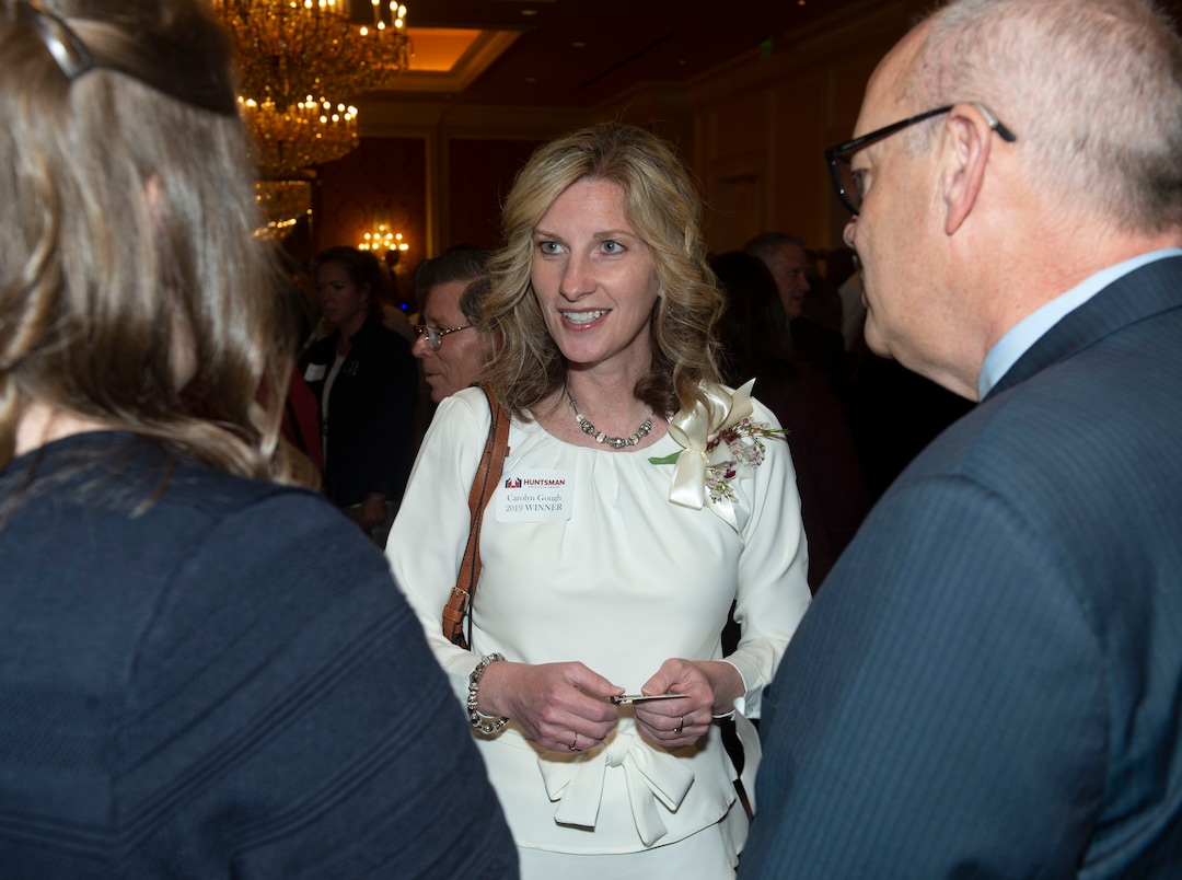 (Rick Egan  |  The Salt Lake Tribune) Education Award winner, Carolyn Gough, High School Administrator at Riverton High, visits with friends at the Huntsman Awards for Excellence in Education at the Grand America, Friday,  April 26, 2019.