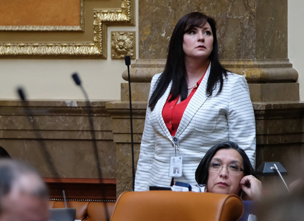 Francisco Kjolseth | The Salt Lake Tribune
Rep. Kim Coleman, R-West Jordan, silenced the House chamber on Tuesday as she told of being attacked when she was a young woman. Allowing women to protect themselves from attempted rape became the main argument for a bill to allow residents as young as 18 to carry concealed weapons.