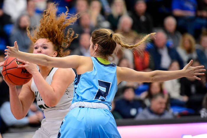 (Trent Nelson | The Salt Lake Tribune)  Hillcrest's Taylee Allen (20) defended by Westlake's Savannah Warren (2) as Hillcrest faces Westlake in the 6A High School Girls' Basketball Tournament at SLCC in Taylorsville, Thursday Feb. 22, 2018.