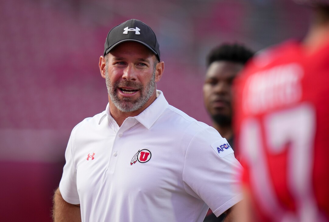 (Bethany Baker  |  The Salt Lake Tribune) Utah Utes head coach Morgan Scalley talks with players during warms up before the game between the Utah Utes and the Idaho Vandals at Rice-Eccles Stadium in Salt Lake City on Thursday, Sept. 3, 2026.