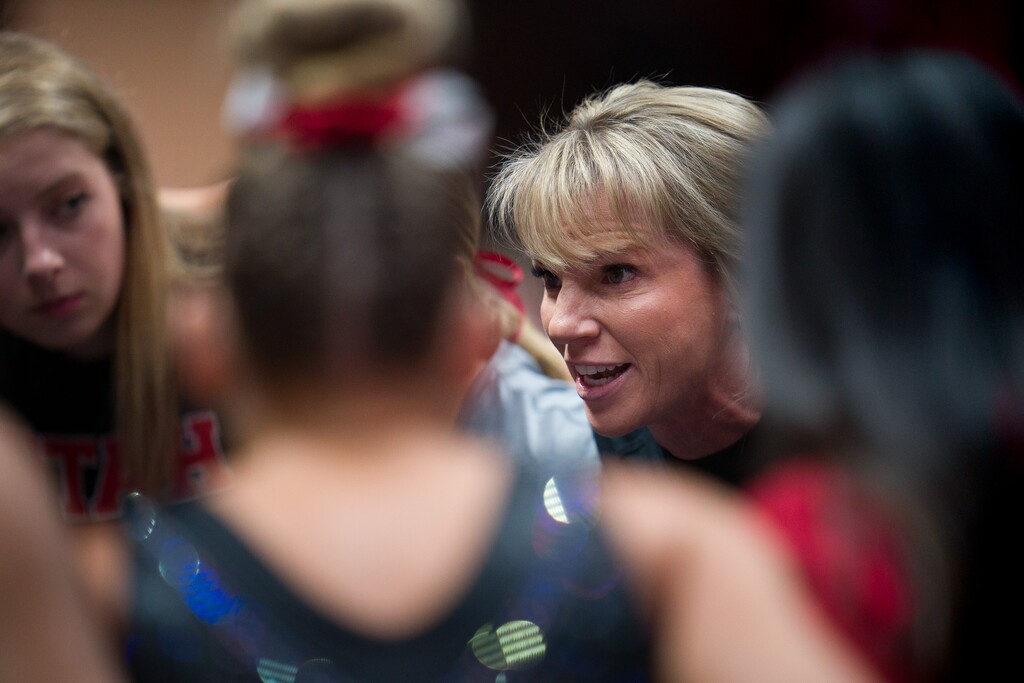 (Trent Nelson  |  The Salt Lake Tribune) Coach Carly Dockendorf as Utah hosts Boise State, NCAA gymnastics in Salt Lake City on Friday, Jan. 5, 2024.