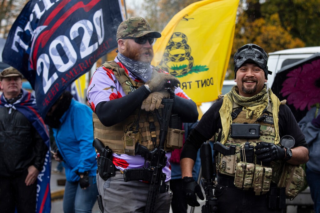 (Paula Bronstein | AP photo)

Armed supporters of President Donald Trump attend a ' Stop The Steal ' rally at the Oregon State Capitol protesting the outcome of the election on Saturday, Nov. 14, 2020 in Salem, Ore.