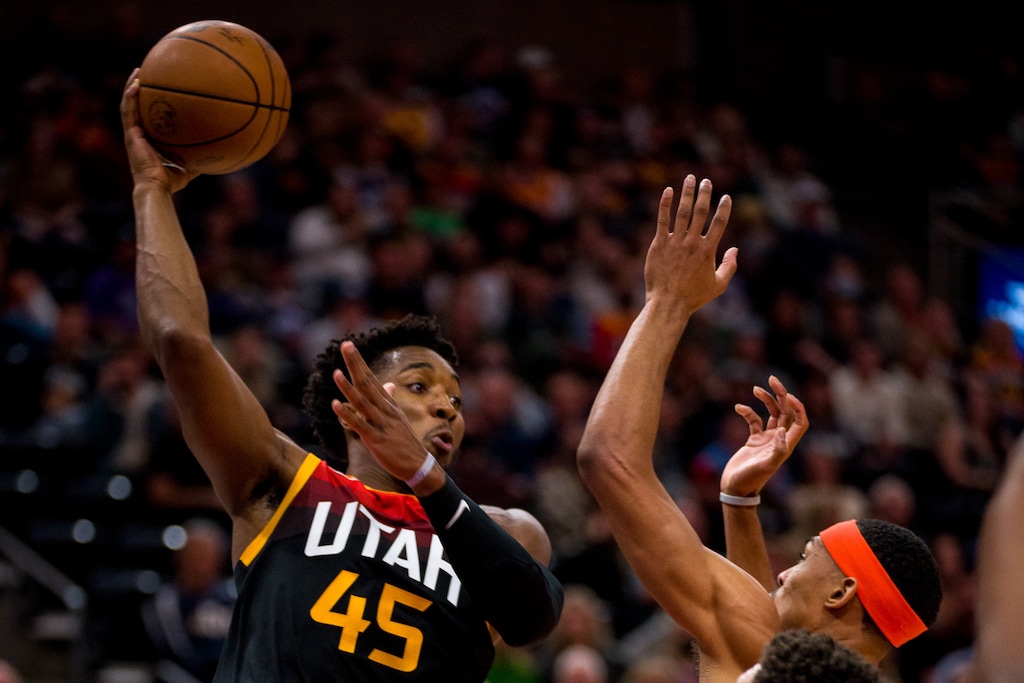 (Trent Nelson  |  The Salt Lake Tribune) Utah Jazz guard Donovan Mitchell (45) passes the ball as the Utah Jazz host the Oklahoma City Thunder, NBA basketball in Salt Lake City on Wednesday, Oct. 20, 2021.