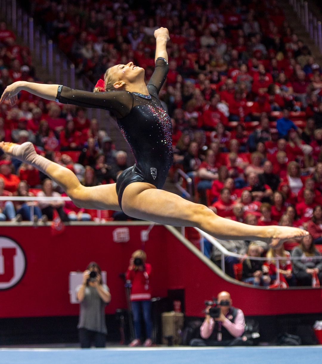 MaKenna Merrill-Giles competes on the floor for Utah, in PAC-12 gymnastics action between the UCLA Bruins and the University of Utah, at the Jon M. Huntsman Center, Saturday, Feb. 23, 2019.