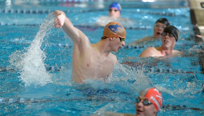 (Francisco Kjolseth  |  The Salt Lake Tribune)  Cade Black of Mountain Crest celebrates his first place finish in the Men 50 Yard Free at the high school swimming 4A State Championships in Bountiful, Friday February 9, 2018.