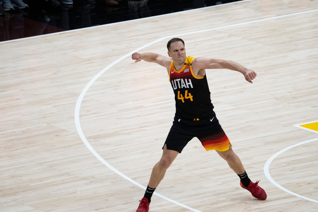 (Rick Egan | The Salt Lake Tribune) Utah Jazz forward Bojan Bogdanovic (44) reacts after sining a 3-pointer to but the Jazz up by 10 points late in the 4th quarter, in NBA action between the Utah Jazz and the LA Clippers, in game one in the second round of the NBA playoff series at Vivint Arena, on Tuesday, June 8, 2021.