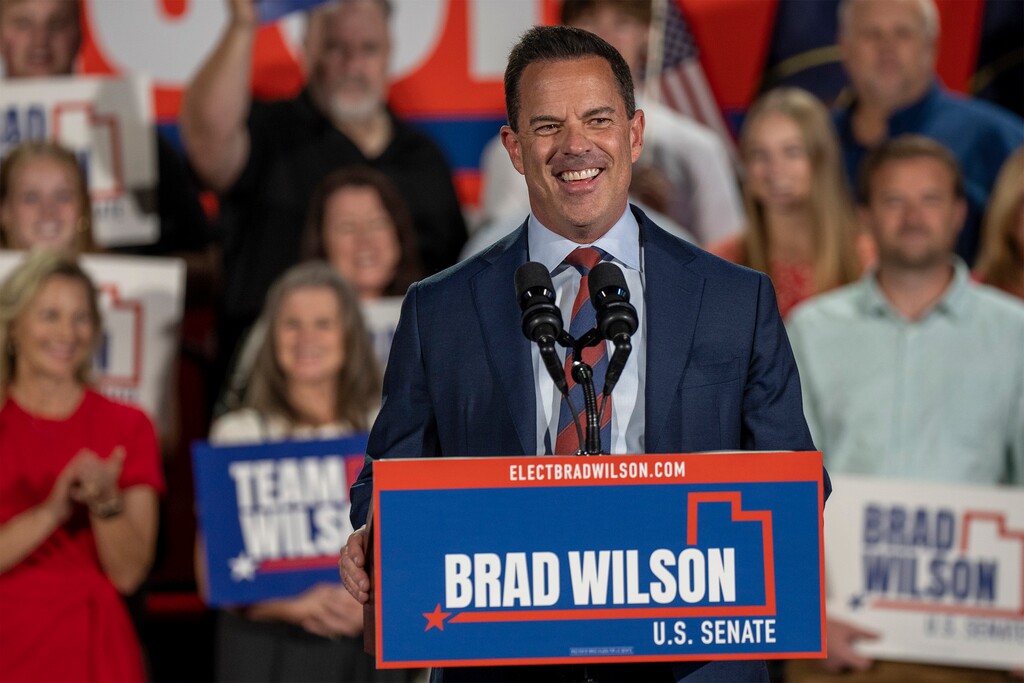 (Rick Egan | The Salt Lake Tribune) Brad Wilson, the outgoing Utah House speaker, formally announces his 2024 U.S. Senate campaign to a crowd of supporters in Draper, Utah, on Wednesday, Sept. 27, 2023.