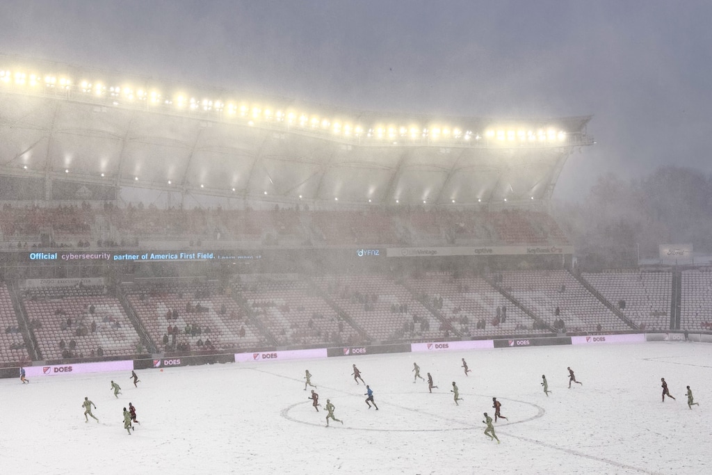 (Trent Nelson  |  The Salt Lake Tribune) Snow falls as Real Salt Lake hosts LAFC, MLS soccer in Sandy on Saturday, March 2, 2024.