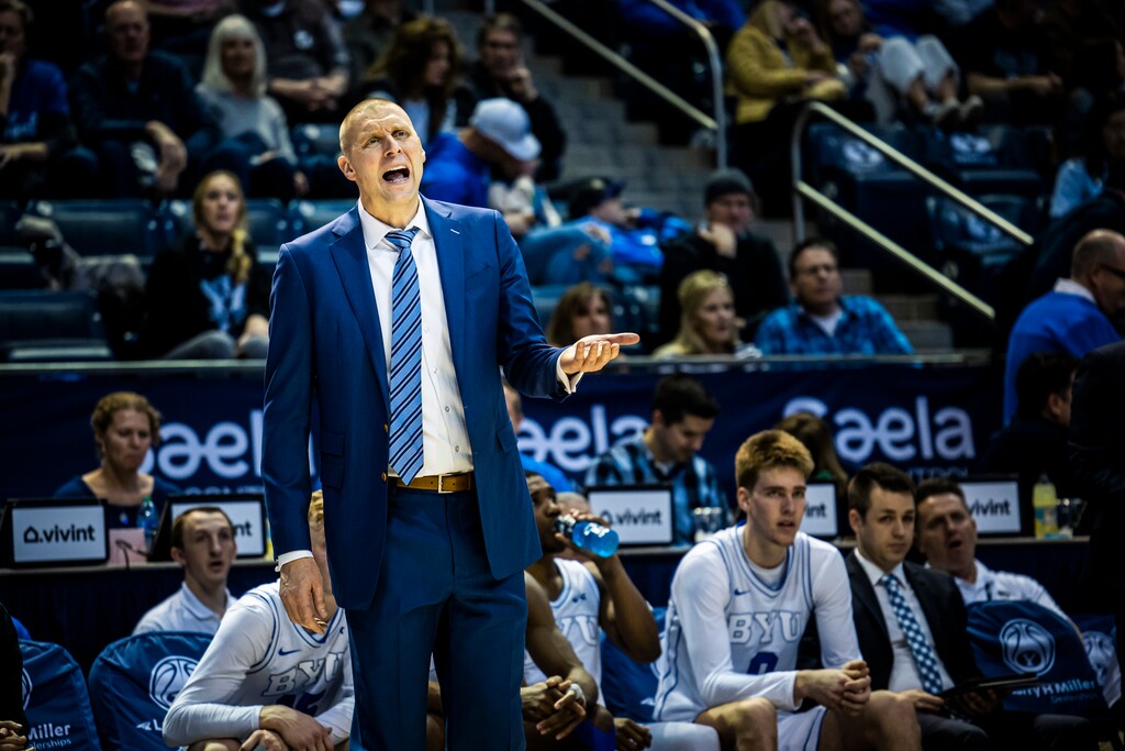 (BYU Athletics) BYU men's basketball coach Mark Pope shouts instructions during a game against the Pepperdine Waves on Jan. 14, 2023.