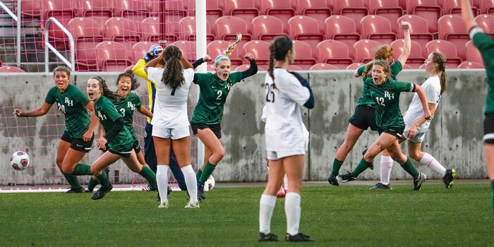 (Leah Hogsten | The Salt Lake Tribune) RHSM's celebrates Camryn Kennedy's penalty kick that hit the net for a second half goal to tie the game. Waterford School defeated Rowland Hall-St. Marks High School, 4-3 to win the 2A State Soccer Championship game Oct. 23, 2021 at Rio Tinto Stadium.