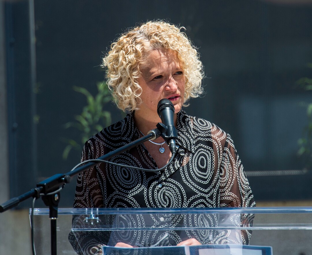 (Rick Egan  |  The Salt Lake Tribune)      Salt Lake City Mayor, Jackie Buskupski makes a comment at the ribbon cutting ceremony for the Geraldine E. King Women's Resource Center, one of three new shelters that will replace the Road Home. Friday, June 21, 2019.
