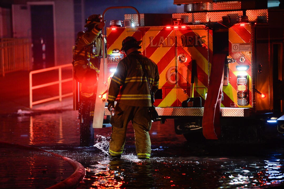 (Francisco Kjolseth  |  The Salt Lake Tribune)  Crews from multiple agencies battled a fire Sunday night that broke out at South Valley Specialties at 9320 S. 547 West in Sandy. The building, where the company makes custom rubber moldings and other products, was declared a complete loss. The cause of the blaze is under investigation.