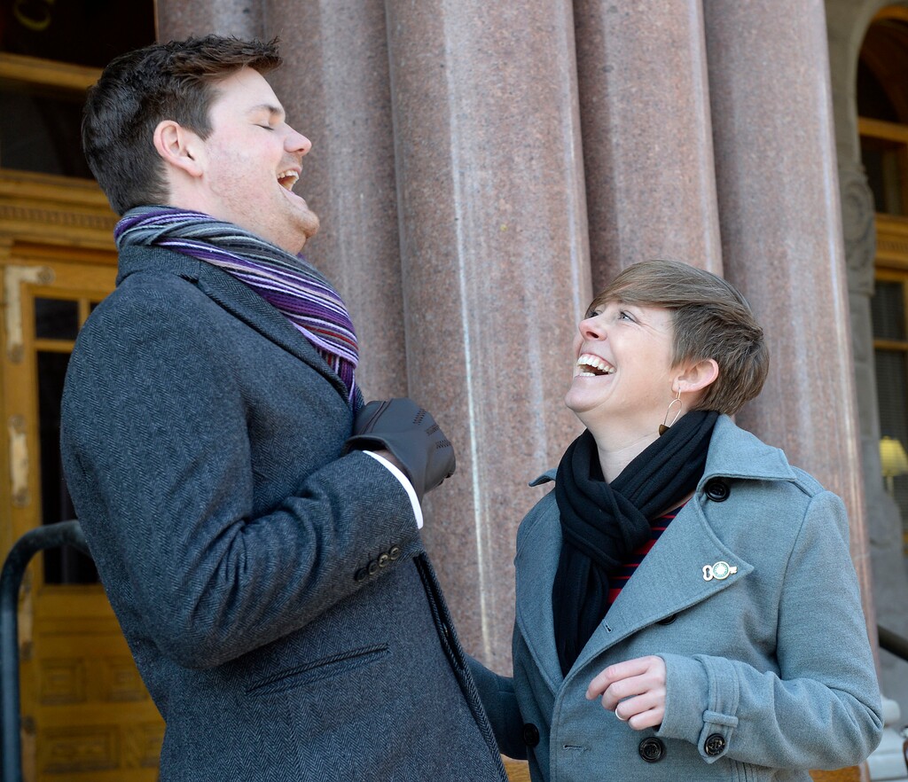 (Al Hartmann  |  The Salt Lake Tribune) 	Newly elected City Council Members Chris Wharton, left, and Amy N. Fowler enjoy a laugh after taking the oath of office in ceremony outside the City-County Building Tuesday Jan. 2.  
