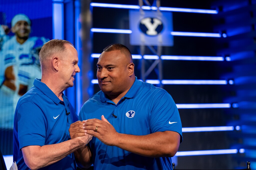 (Trent Nelson  |  The Salt Lake Tribune) Tom Holmoe and Kalani Sitake at BYU football media day in Provo on Wednesday, June 22, 2022.