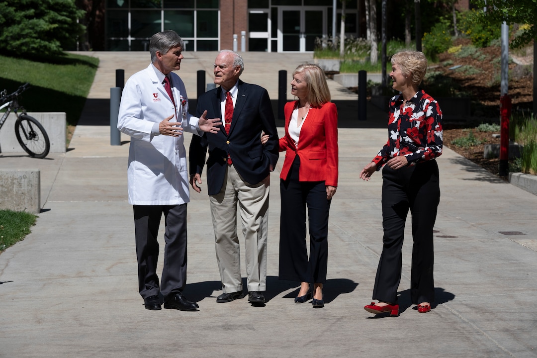(Rick Egan | The Salt Lake Tribune) Michael L. Good, MD, CEO, University of Utah Health Dean, University of Utah School of Medicine Senior Vice-President for Health Sciences, walks with Spence Eccles, Lisa Eccles, Katie Eccles, on the U of U Medical campus, where a donation in the name of Spence Eccles was announced today. Tuesday, June 8, 2021.