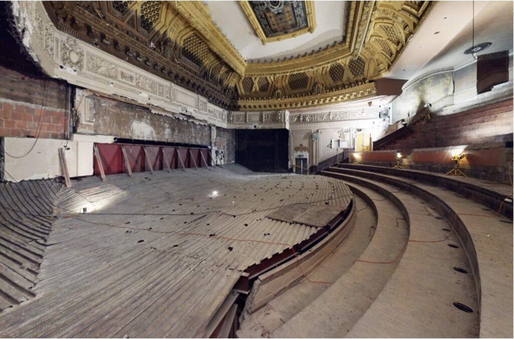 (Salt Lake City, via Modern Out West) Main auditorium and to-be-salvaged chandelier. Before demolition, the once-majestic Utah Theater on Salt Lake City’s Main Street — a dilapidated and vacant 103-year-old performing arts hall once known as Pantages Theater — is being documented in a vast digital archive, hosted by J. Willard Marriott Library at the University of Utah.