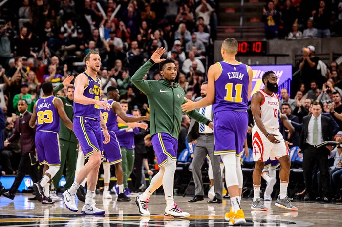 (Trent Nelson | The Salt Lake Tribune)  
Utah Jazz guard Donovan Mitchell (45) high-fives Utah Jazz guard Dante Exum (11). The Utah Jazz host the Houston Rockets, NBA basketball in Salt Lake City on Thursday Dec. 6, 2018.