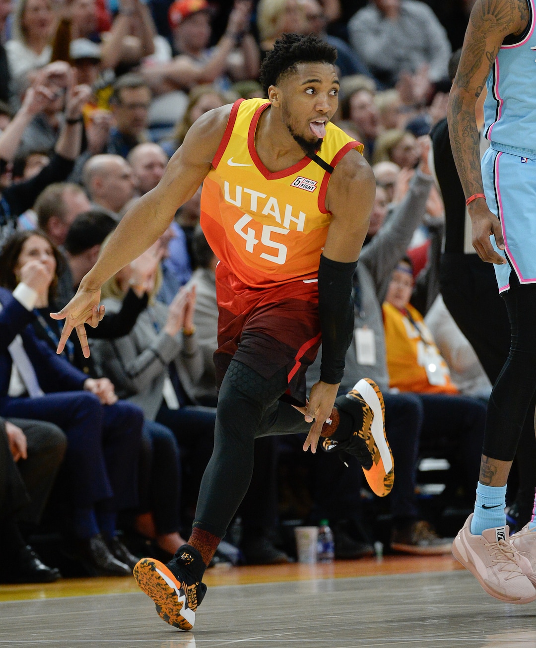 (Francisco Kjolseth  |  The Salt Lake Tribune) Utah Jazz guard Donovan Mitchell (45) celebrates a three pointer in the final minutes as the Utah Jazz host the Miami Heat in their NBA basketball game at Vivint Smart Home Arena in Salt Lake City on Wednesday, Feb. 12, 2020. Jazz won 116-101.