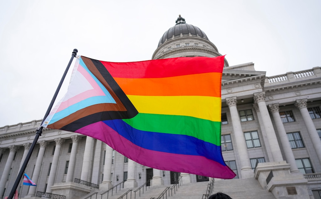 (Bethany Baker  |  The Salt Lake Tribune) A Progress Pride flag waves in front of the Utah Capitol during the Rally for Trans Community Support in Salt Lake City Friday, Jan. 24, 2025.