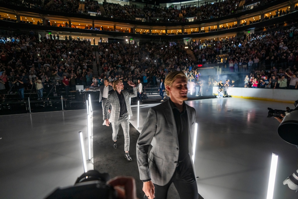 (Rick Egan | The Salt Lake Tribune) Players with the Utah NHL team enter the Delta Center at an event to celebrate Utah's new hockey franchise on Wednesday, April 24, 2024.