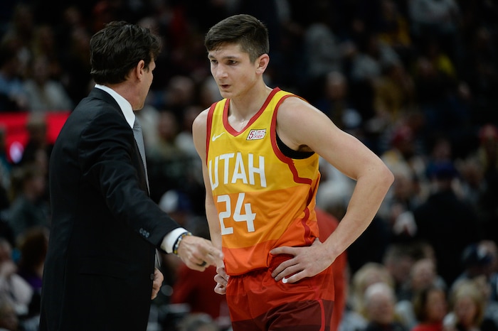 (Francisco Kjolseth  |  The Salt Lake Tribune)  Utah Jazz head coach Quin Snyder talks with Utah Jazz guard Grayson Allen (24) as the Utah Jazz host the Denver Nuggets in their NBA game at Vivint Smart Home Arena Tuesday, April 9, 2019, in Salt Lake City.