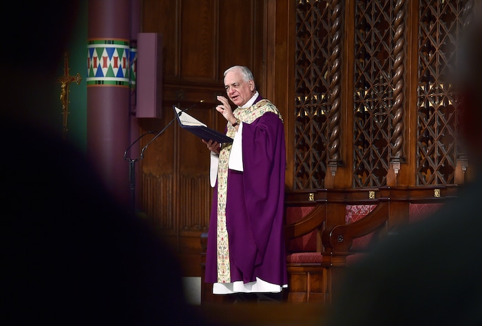 (Scott Sommerdorf   |  The Salt Lake Tribune)   The Reverend Martin Diaz, Rector and Pastor of The Cathedral of the Madeleine during the early morning Christmas Eve mass on the fourth Sunday of Advent at the Cathedral of the Madeleine, Sunday, December 24, 2017. 