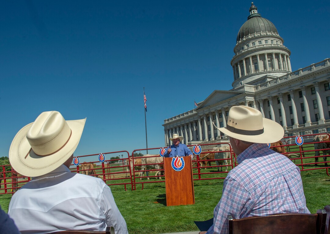 (Rick Egan  |  The Salt Lake Tribune)       Days of 47 President & CEO, Dan Shaw says a few words during a news conference on the lawn of the Utah State Capitol on the Days of 47 festivities, Tuesday, July 16, 2019.
