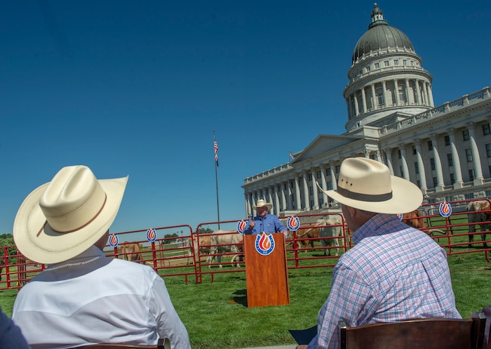 (Rick Egan  |  The Salt Lake Tribune)       Days of 47 President & CEO, Dan Shaw says a few words during a news conference on the lawn of the Utah State Capitol on the Days of 47 festivities, Tuesday, July 16, 2019.