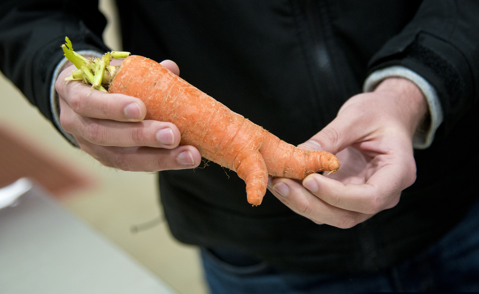 (Joshua McKerrow | The Baltimore Sun via AP file photo)  A carrot at Imperfect Produce in Severn, Md., on Nov. 12, 2018. The company delivers fruit and vegetables that have been rejected by grocery stores for not fitting cosmetic standards.