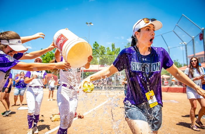 (Isaac Hale | Special to The Tribune) Riverton players douse head coach Katelyn Elliott with water after the Silverwolves defeated the Bingham Miners in a best-of-three series to win the 6A state softball championship at the Spanish Fork Sports Park on Friday, May 28, 2021.