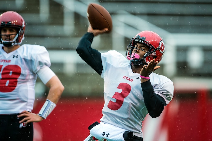 Chris Detrick  |  The Salt Lake Tribune
Utah Utes quarterback Troy Williams (3) throws the ball during a scrimmage at Rice-Eccles Stadium Saturday March 25, 2017.  