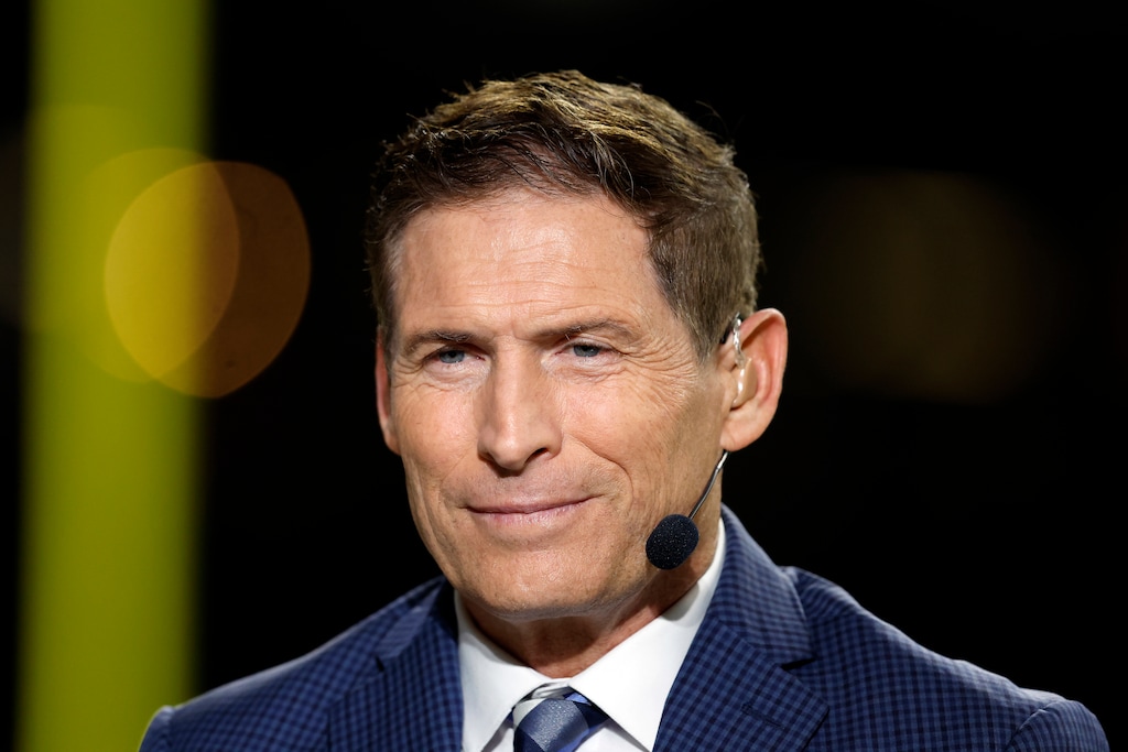FILE - ESPN Monday Night Football commentator Steve Young is seen before an NFL football game between the New Orleans Saints and the Baltimore Ravens, Monday, Nov. 7, 2022, in New Orleans. Jeff Van Gundy, Suzy Kolber, Jalen Rose and Steve Young are among roughly 20 ESPN commentators and reporters who were laid off on Friday, June 30, 2023, as part of job cuts by the network. (AP Photo/Tyler Kaufman, File)