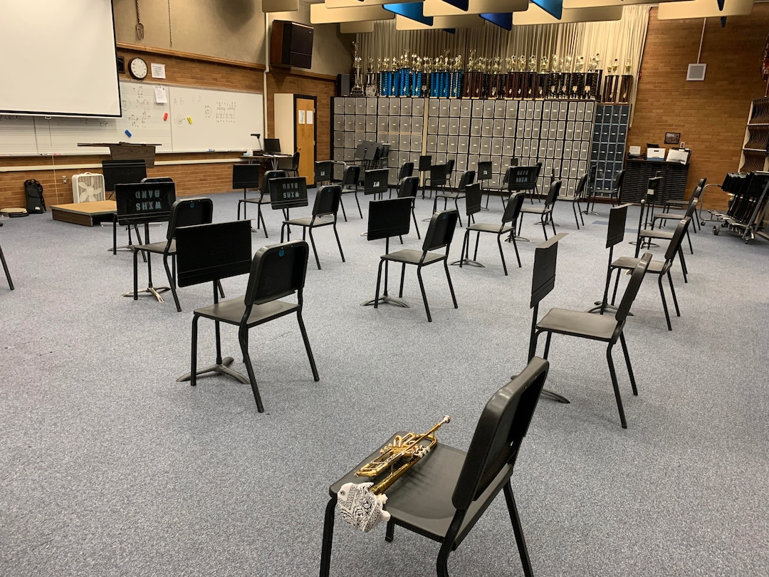 Photo 2:  (Photo courtesy of Todd Campbell) In Todd Campbell's classroom at Woods Cross High School, chairs are spaced six feet apart and students are required to cover the bell (the flared opening) of brass and wind instruments.
